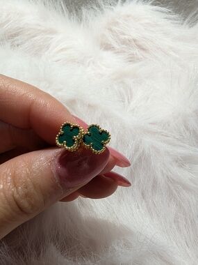 Gold Trim Green Clover Stud Earrings - Women Jewelry